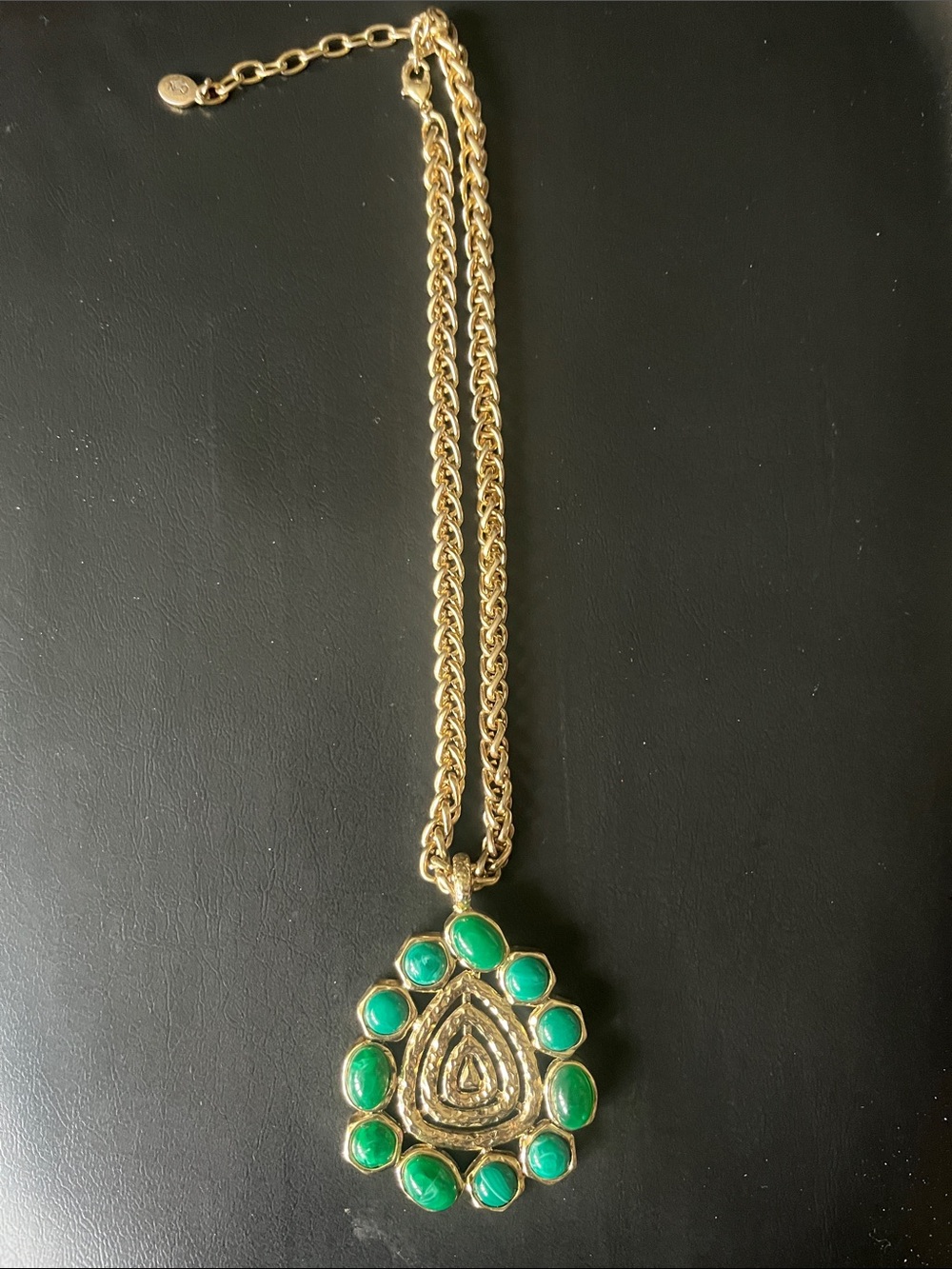 Gold-Tone Necklace with Green Teardrop Pendant